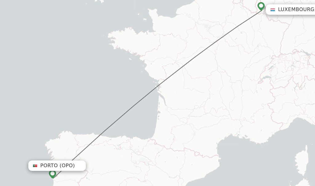 Flights from Porto to Luxembourg route map