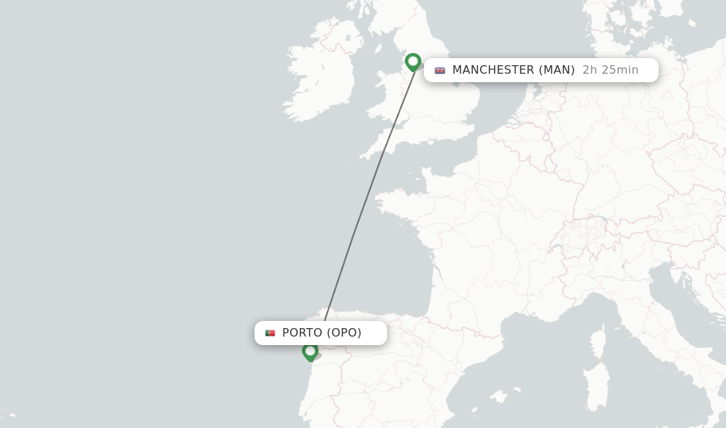 Flights from Porto to Manchester route map