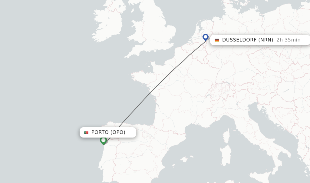 Flights from Porto to Dusseldorf route map