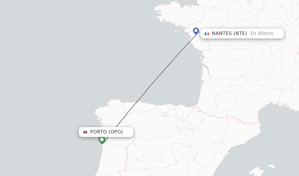 Flights from Porto to Nantes route map