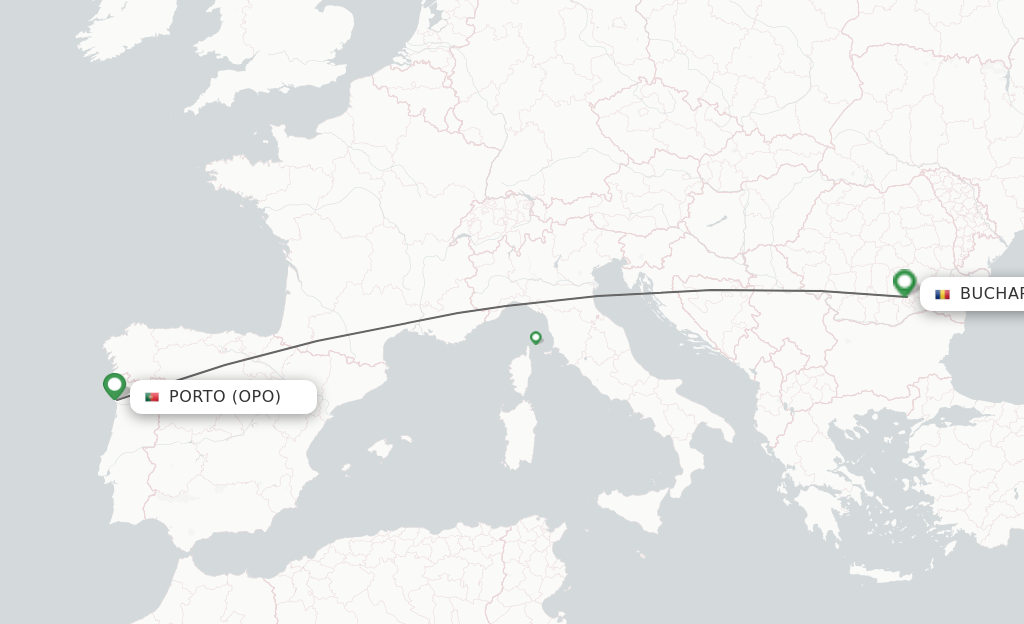 Flights from Porto to Bucharest route map