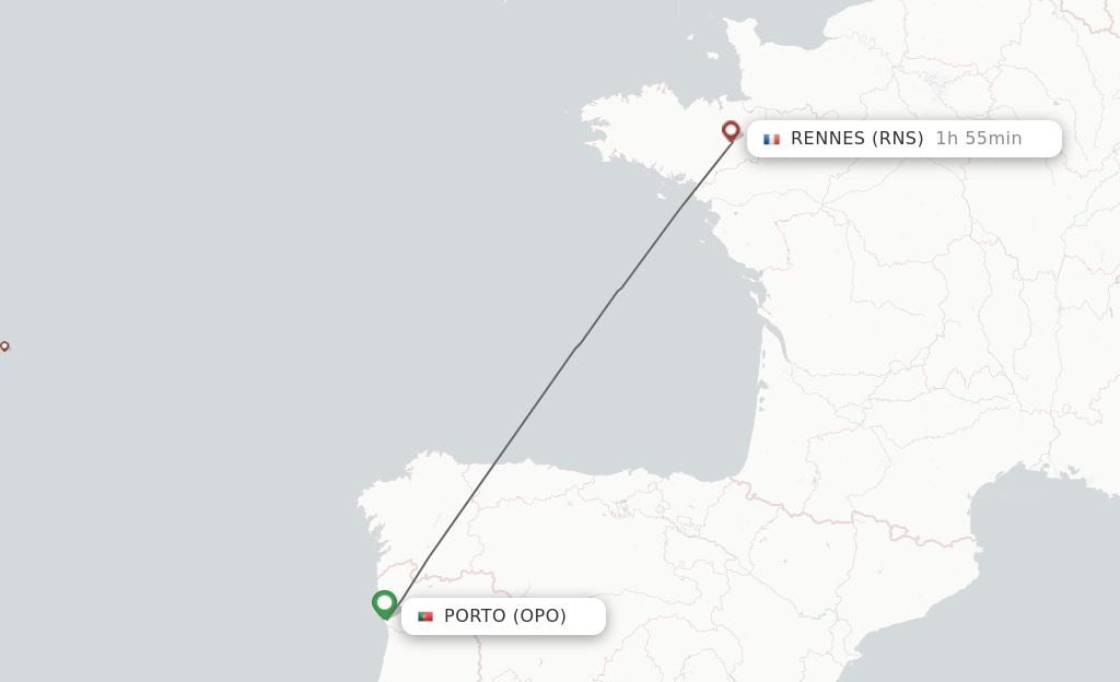 Flights from Porto to Rennes route map