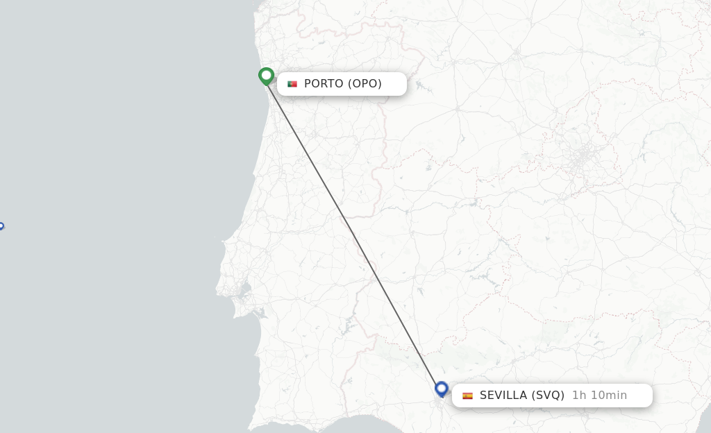Flights from Porto to Sevilla route map