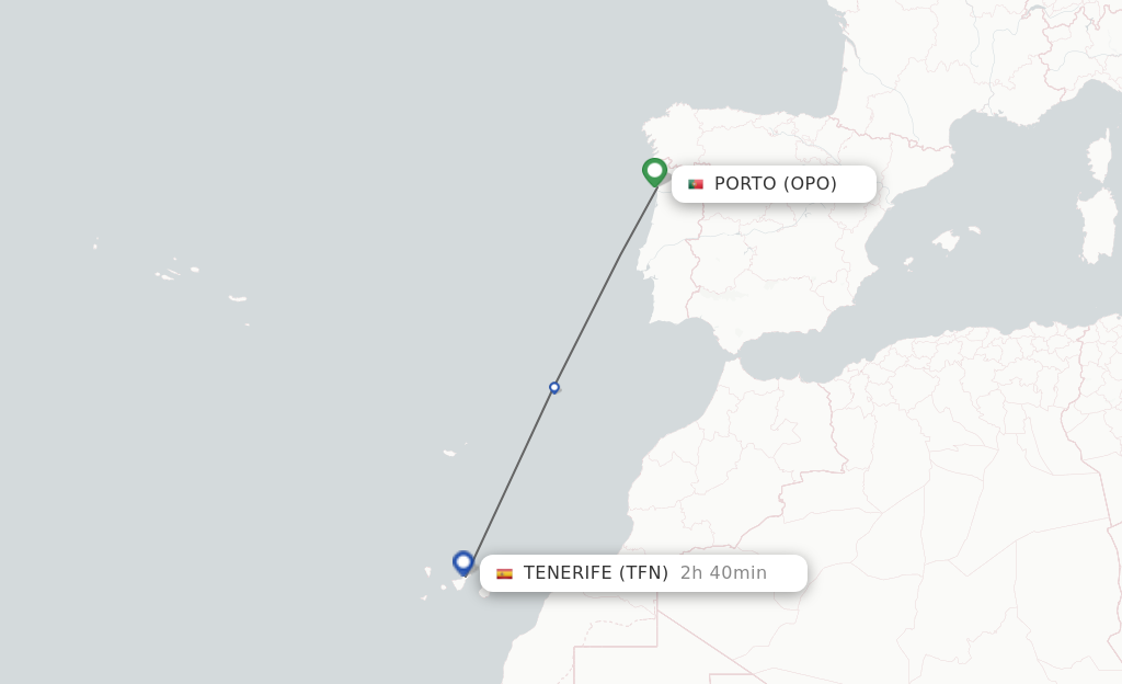 Flights from Porto to Tenerife route map