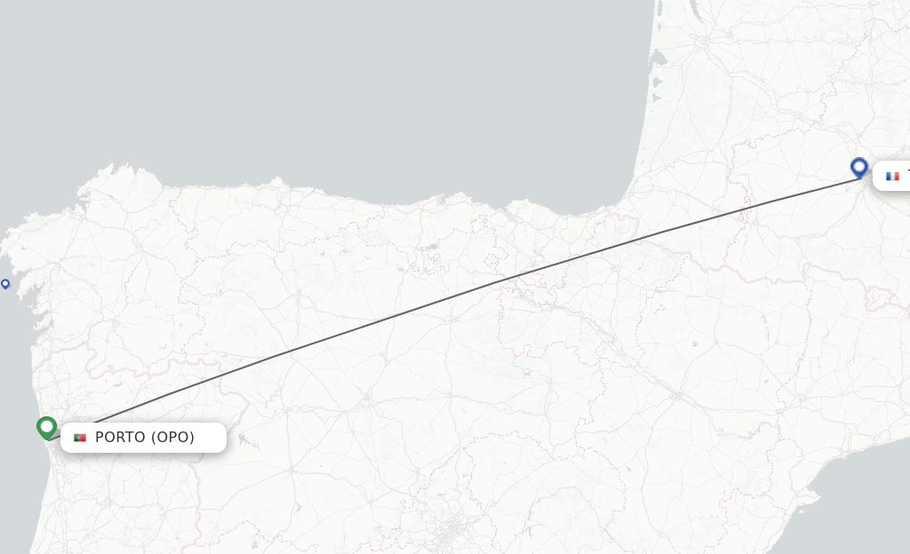 Flights from Porto to Toulouse route map