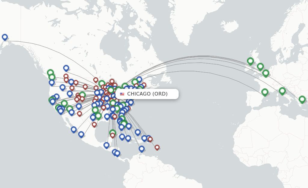 Route map with flights from Chicago with American Airlines