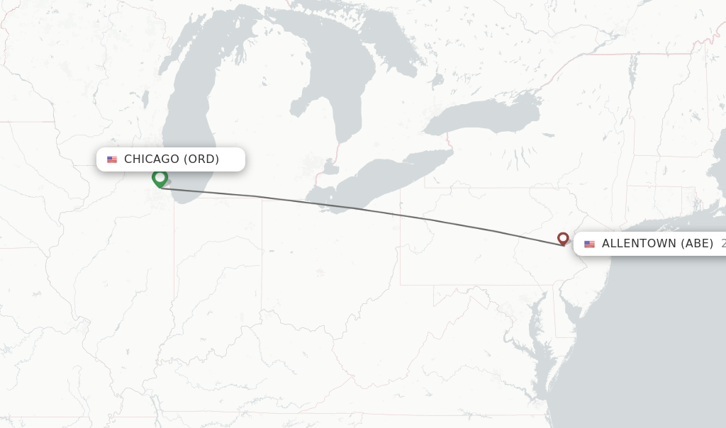 Flights from Chicago to Allentown route map