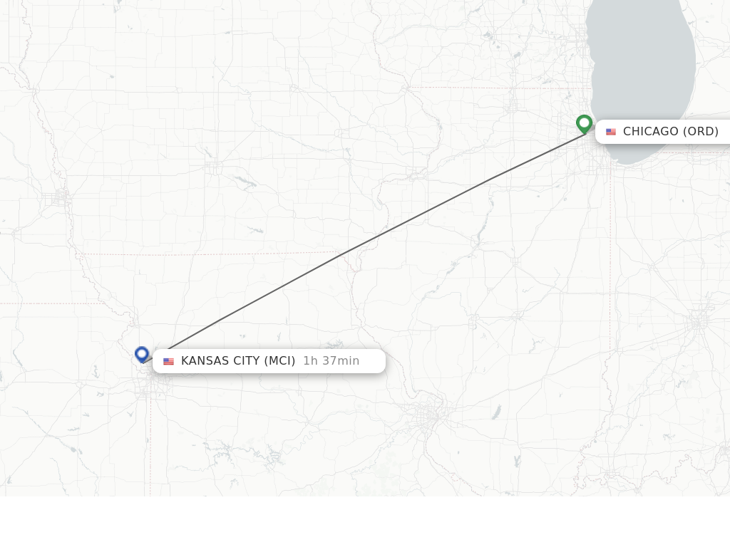 Flights from Chicago to Kansas City route map