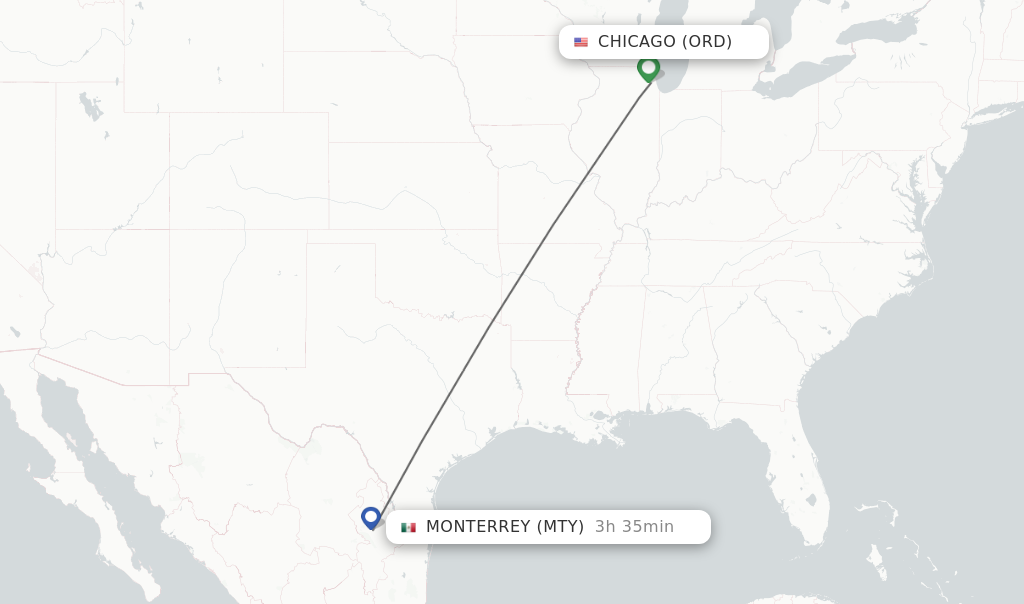 Flights from Chicago to Monterrey route map