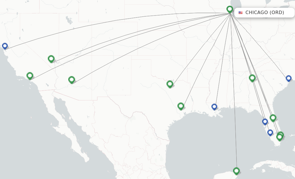 Route map with flights from Chicago with Spirit