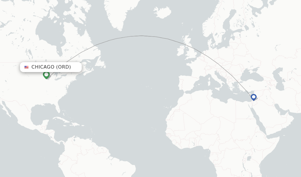 Route map with flights from Chicago with Royal Jordanian