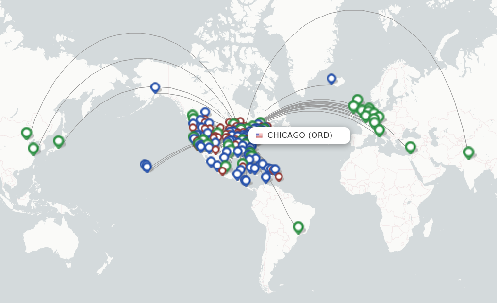 Route map with flights from Chicago with United Airlines