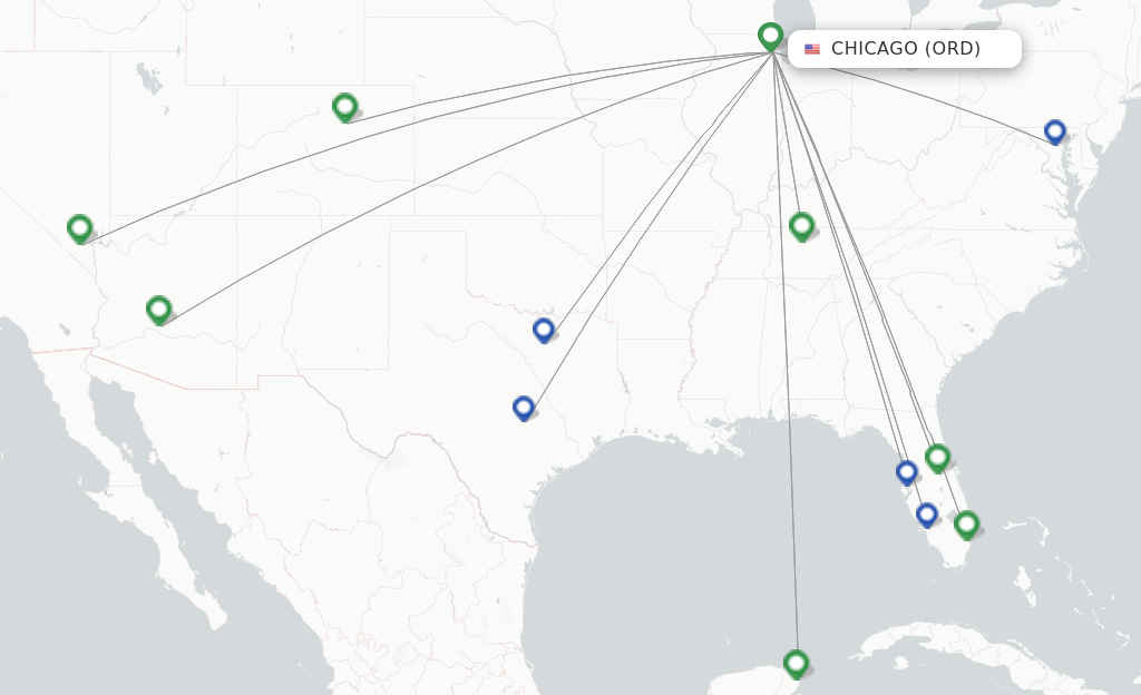 Route map with flights from Chicago with Southwest Airlines