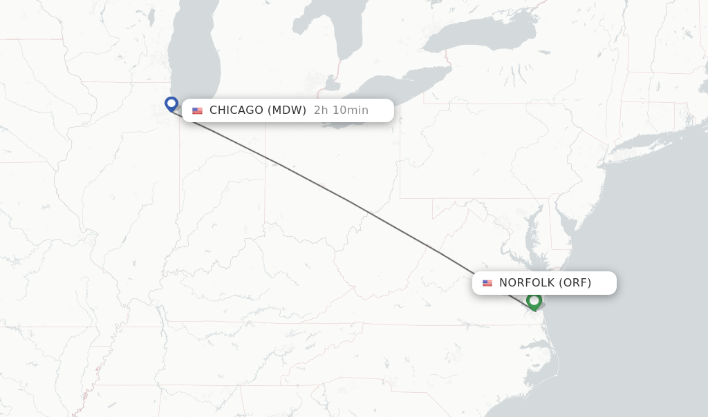 Flights from Norfolk to Chicago route map