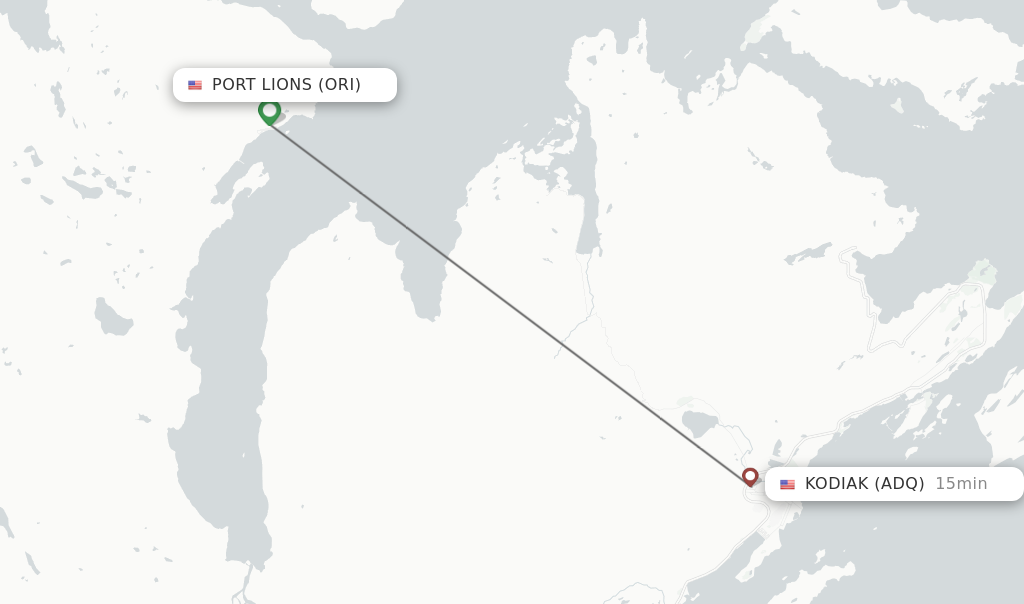 Flights from Port Lions to Kodiak route map