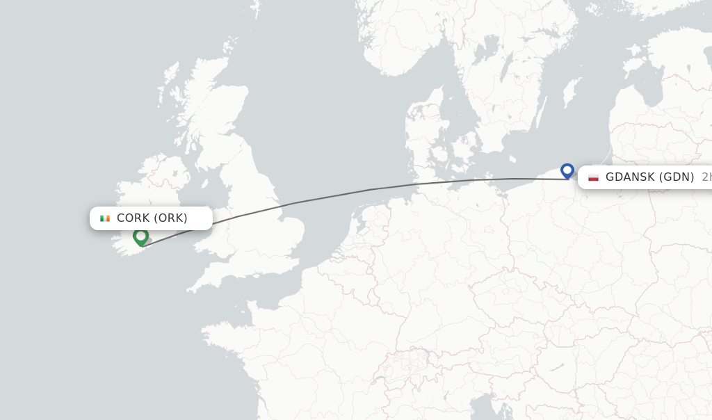 Flights from Cork to Gdansk route map