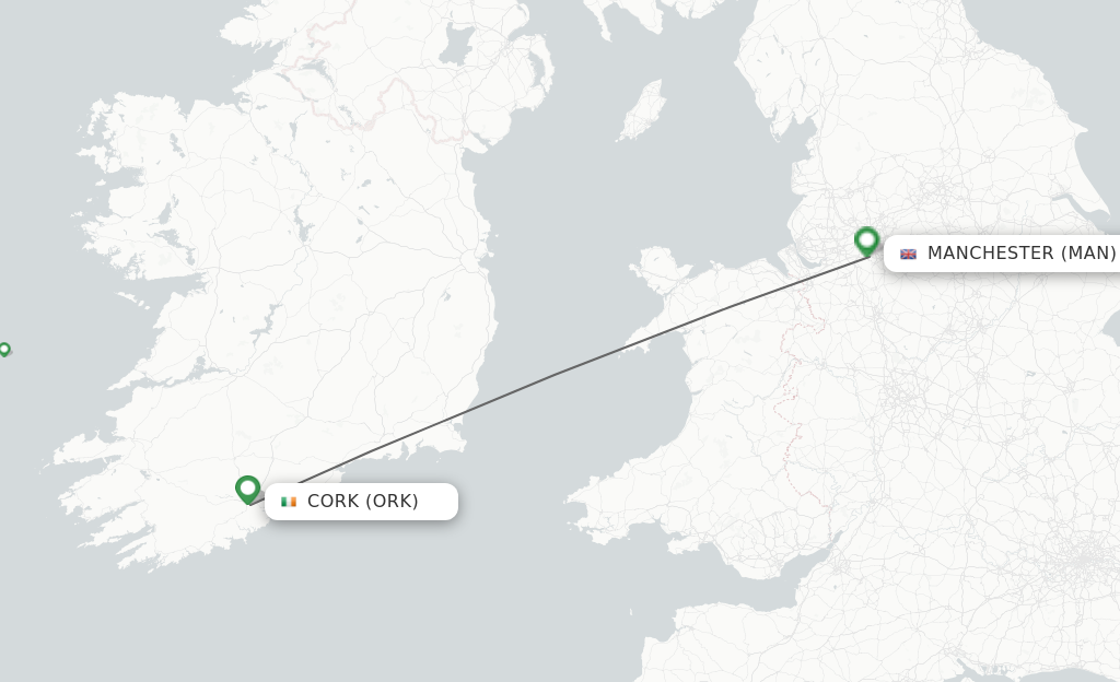 Flights from Cork to Manchester route map