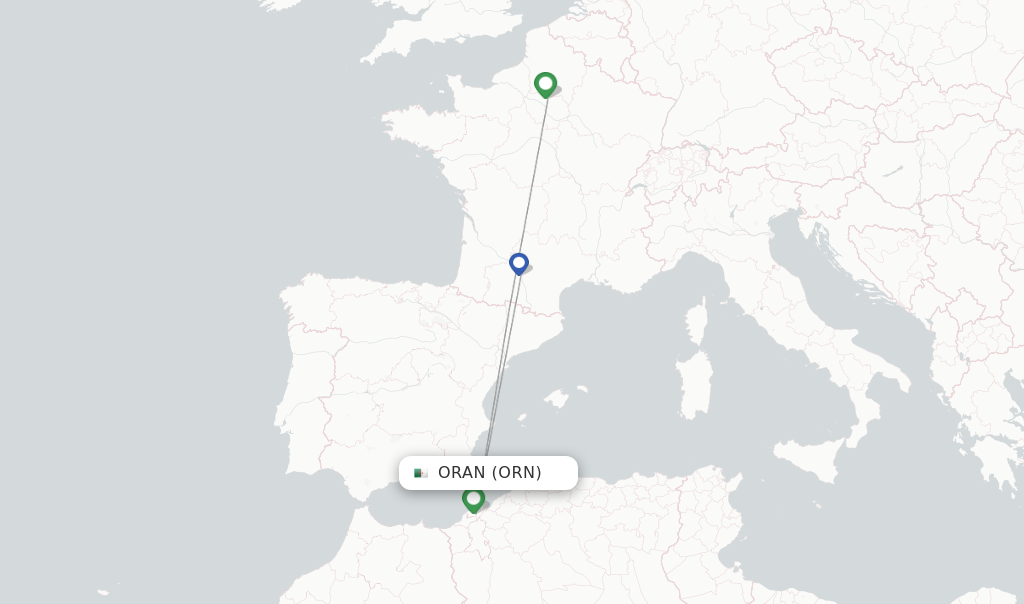 Route map with flights from Oran with Air France