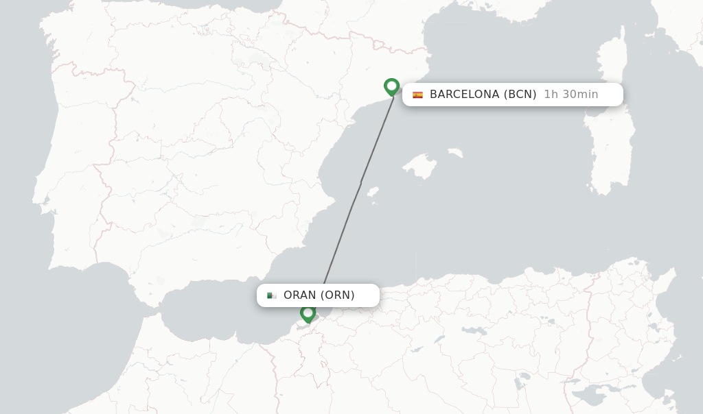 Flights from Oran to Barcelona route map