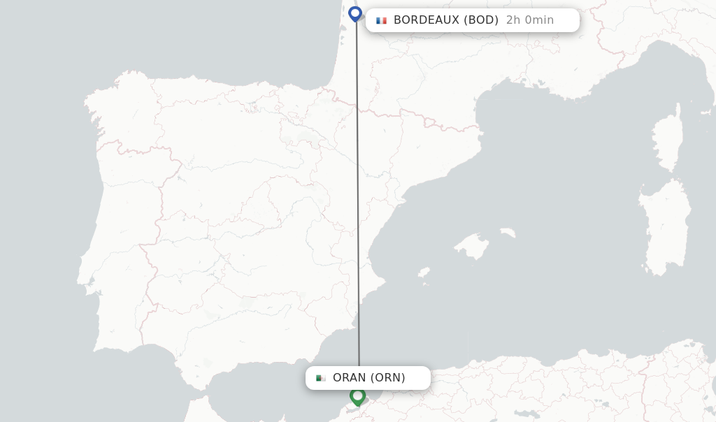 Flights from Oran to Bordeaux route map