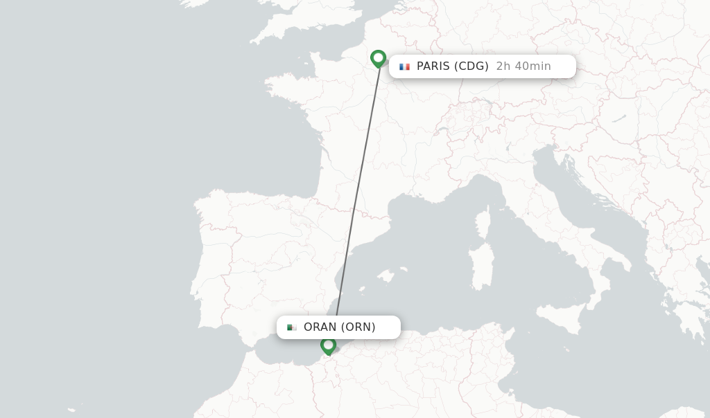Flights from Oran to Paris route map