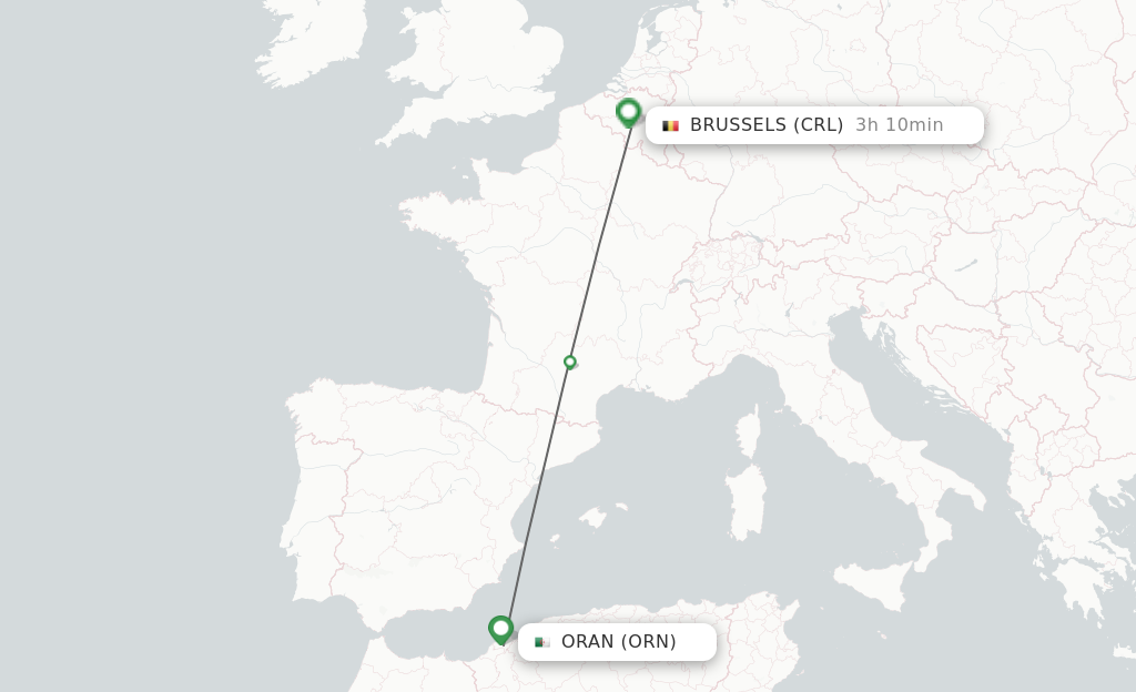 Flights from Oran to Brussels route map