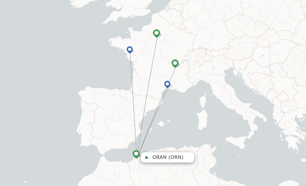 Route map with flights from Oran with Transavia France