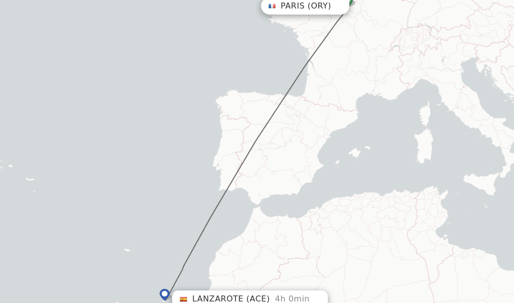 Flights from Paris to Lanzarote route map