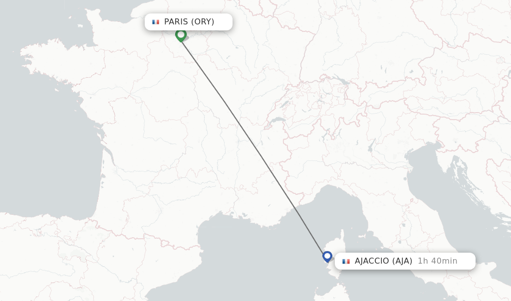 Flights from Paris to Ajaccio route map