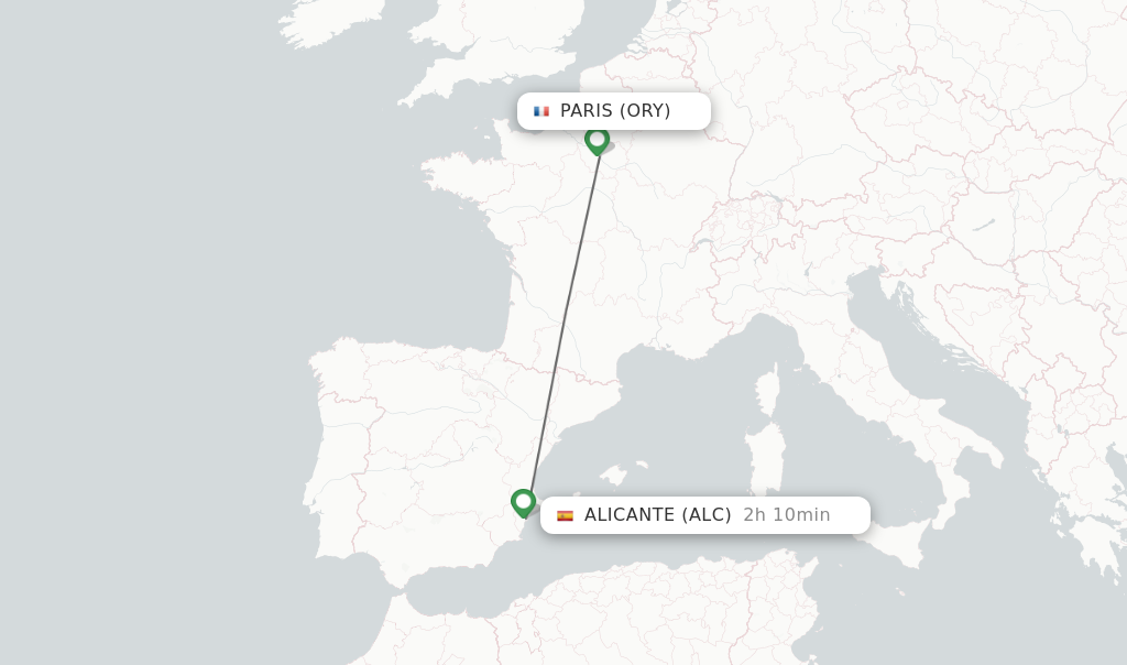 Flights from Paris to Alicante route map