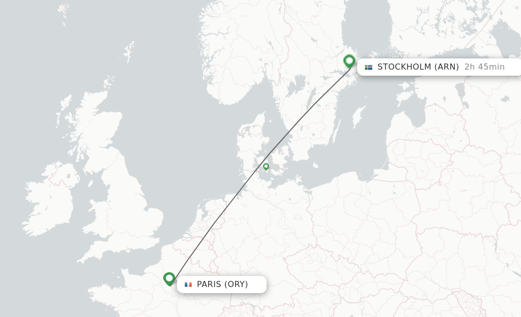 Flights from Paris to Stockholm route map