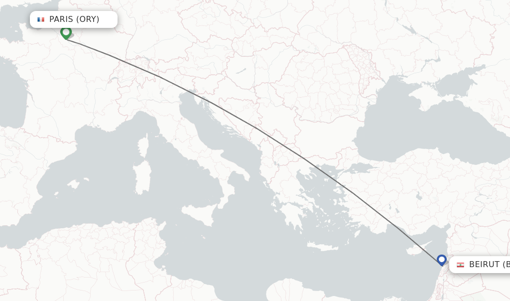 Flights from Paris to Beirut route map