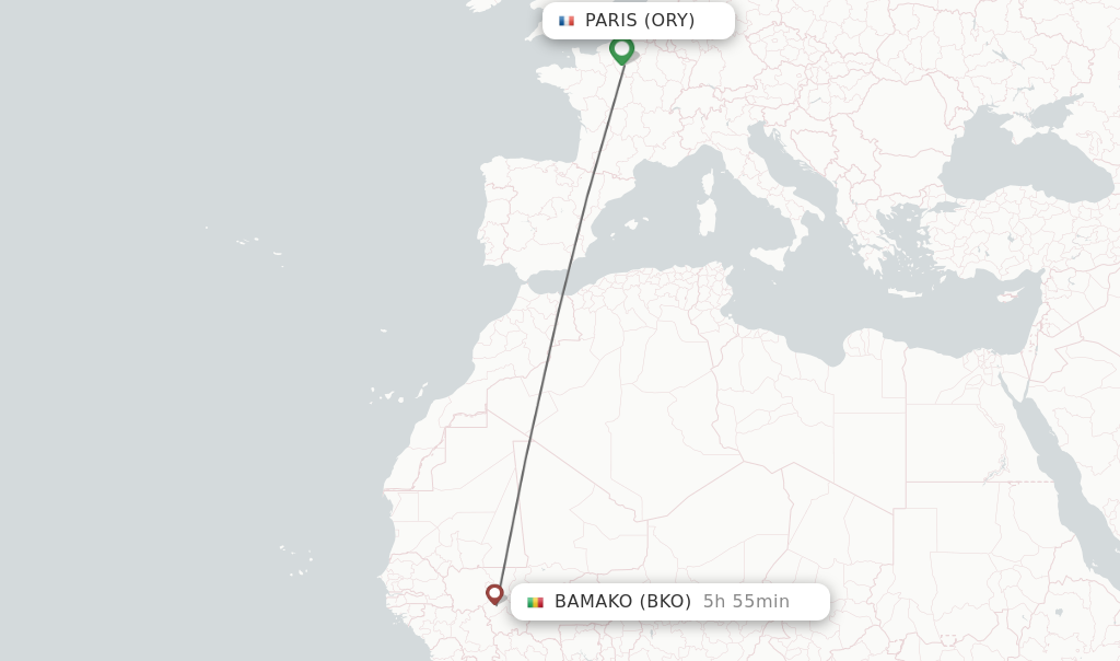 Flights from Paris to Bamako route map