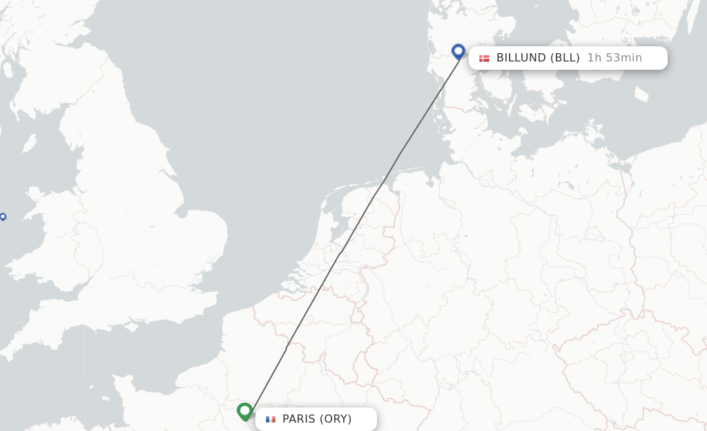 Flights from Paris to Billund route map