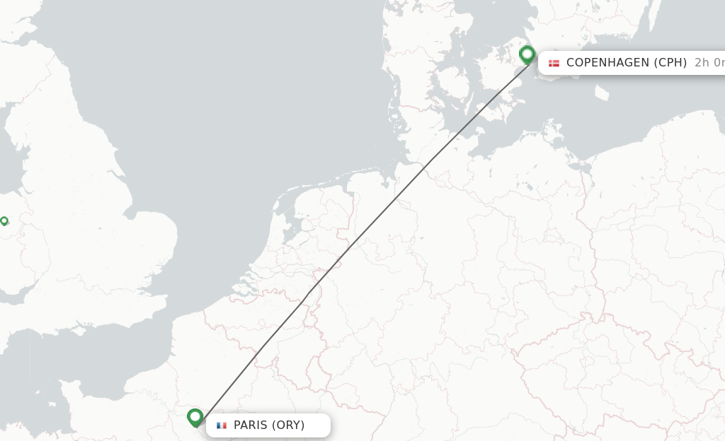 Flights from Paris to Copenhagen route map
