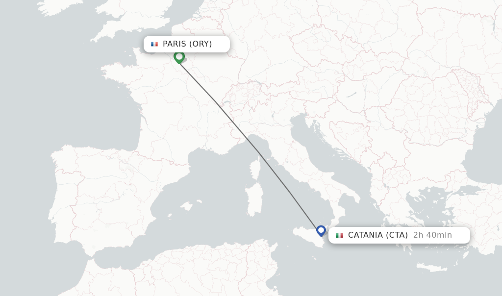 Flights from Paris to Catania route map
