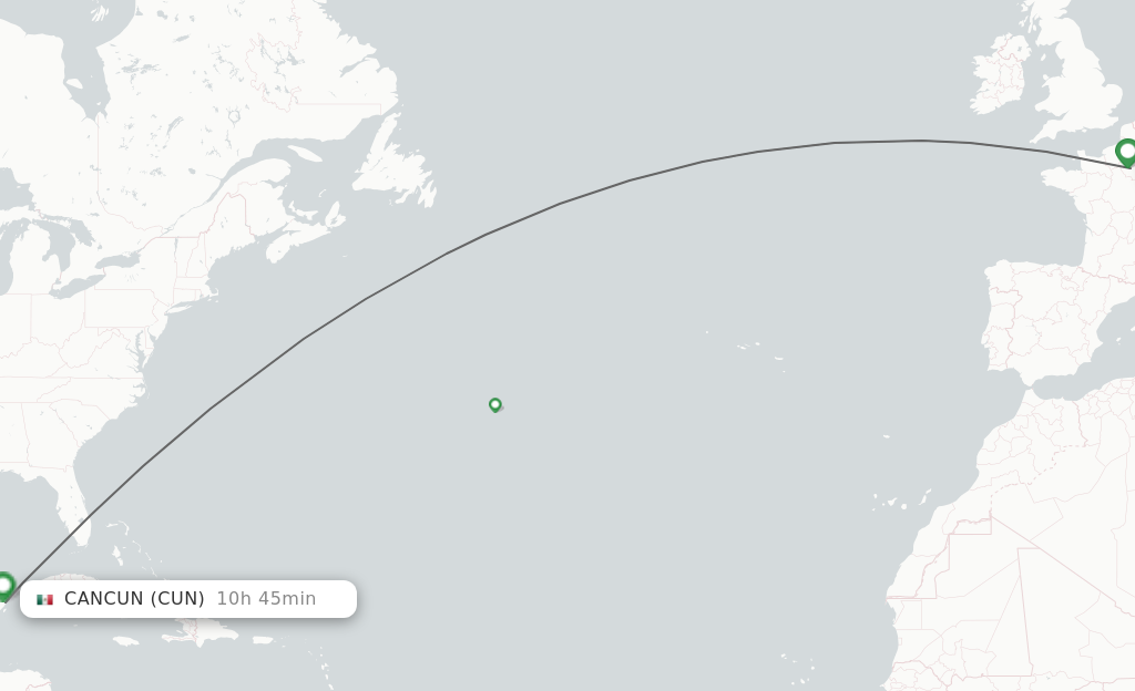 Flights from Paris to Cancun route map
