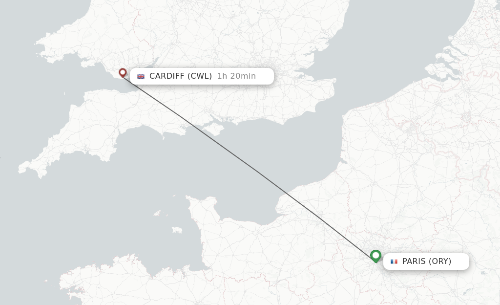 Flights from Paris to Cardiff route map