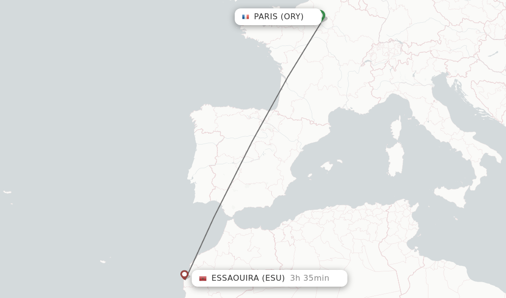 Flights from Paris to Essaouira route map