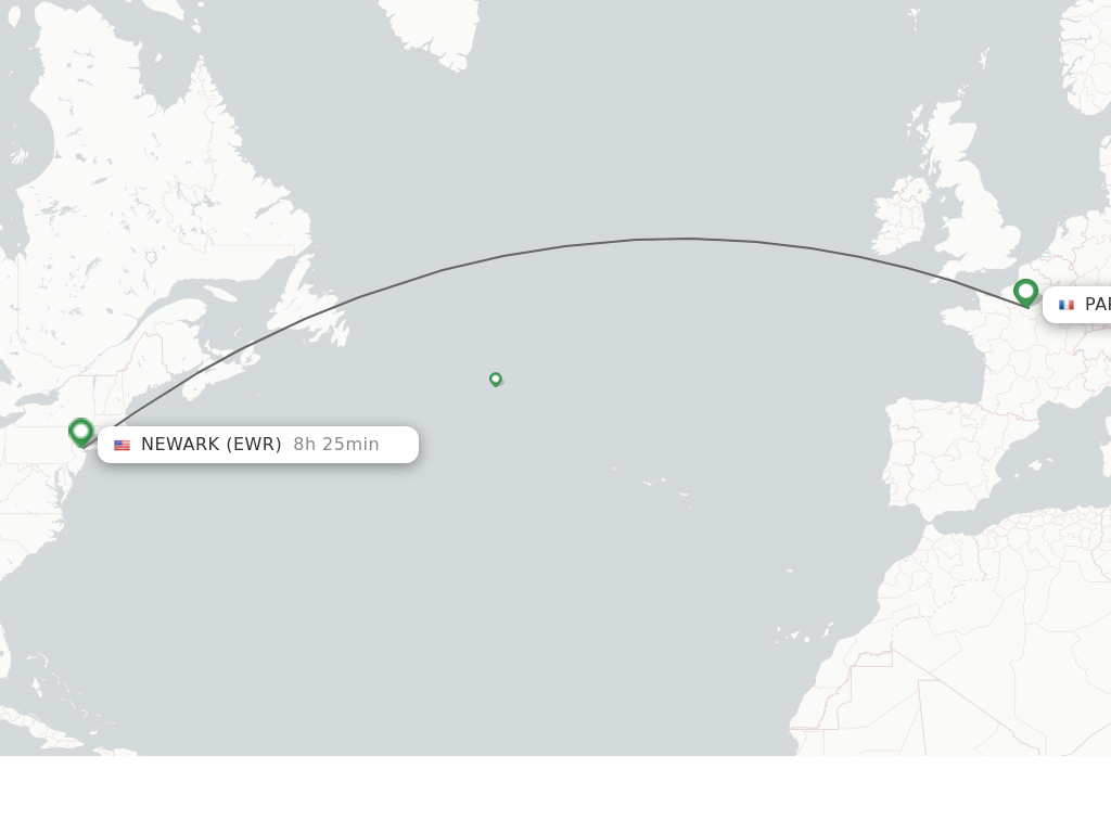 Flights from Paris to New York route map