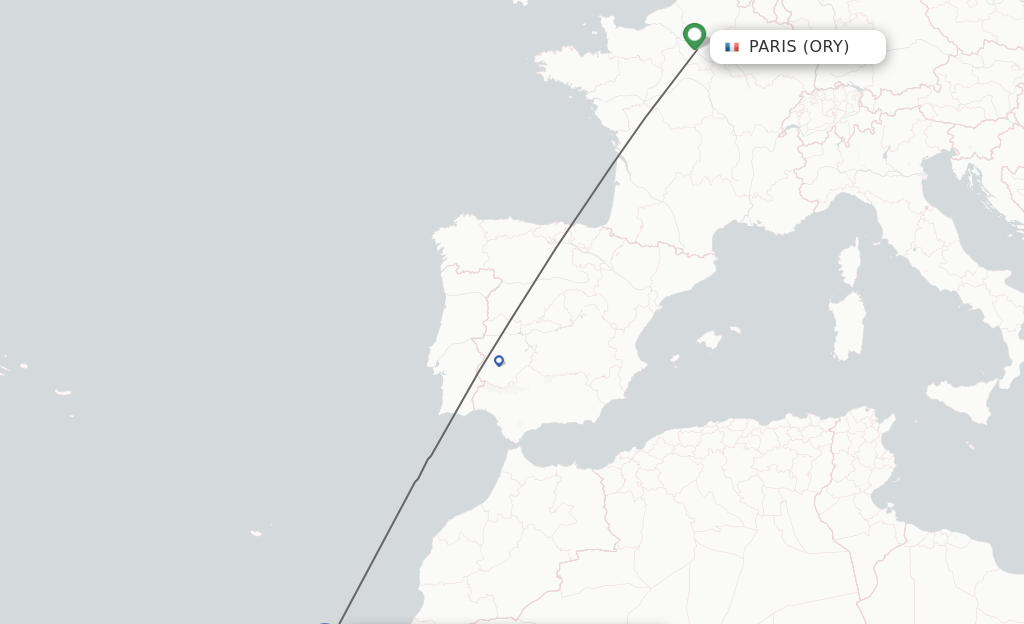 Flights from Paris to Puerto del Rosario route map