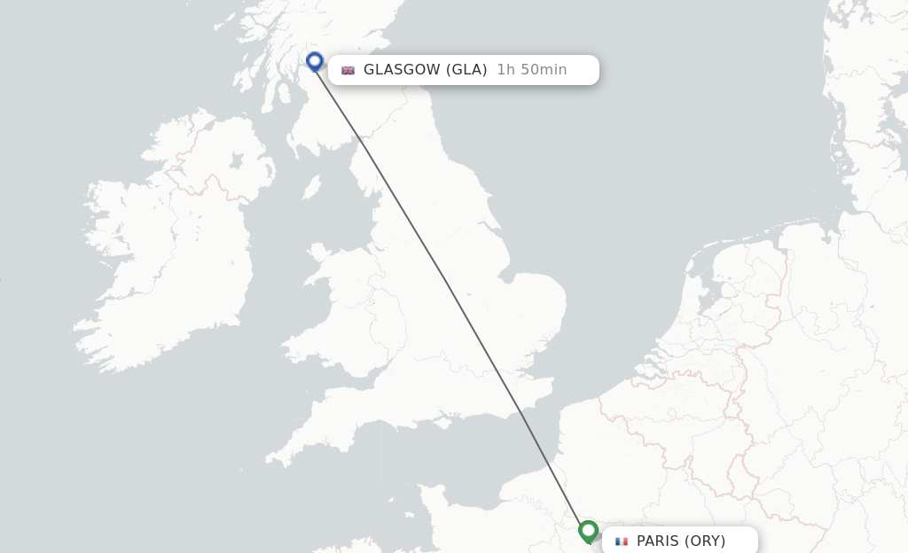 Flights from Paris to Glasgow route map