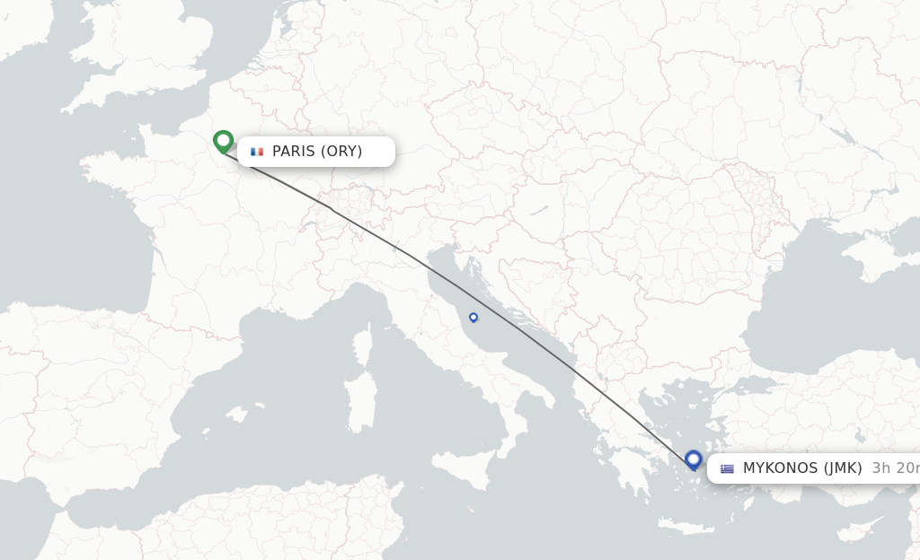 Flights from Paris to Mykonos route map
