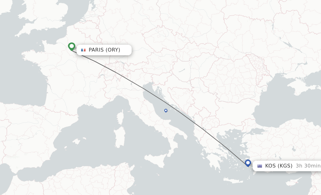 Flights from Paris to Kos route map
