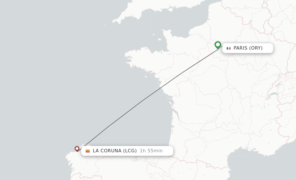 Flights from Paris to La Coruna route map