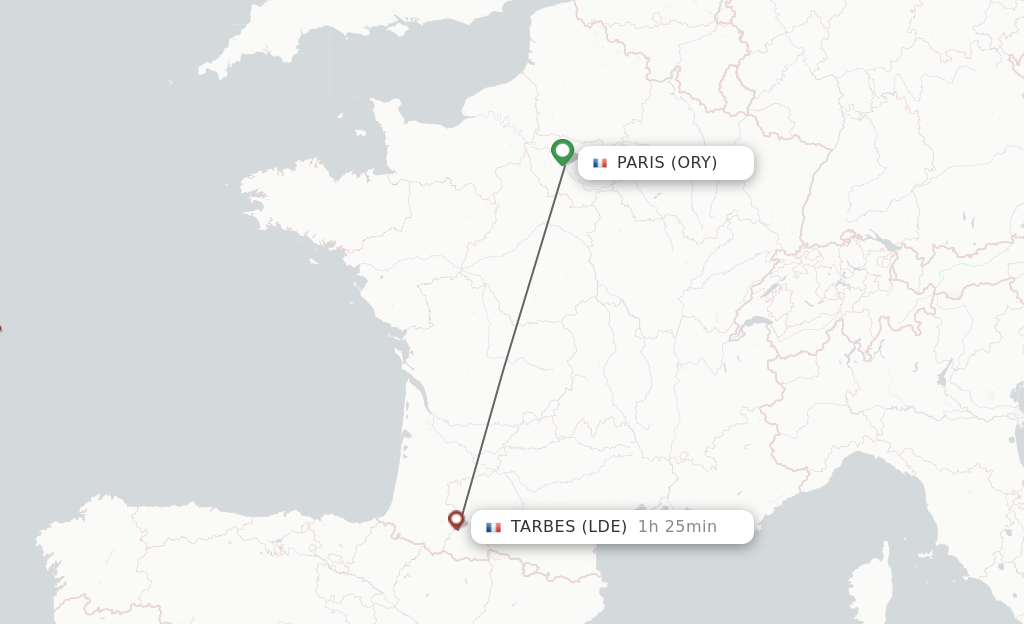Flights from Paris to Lourdes route map