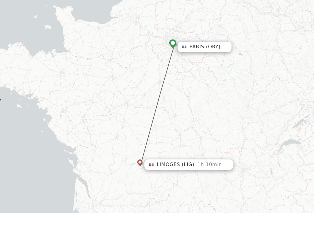 Flights from Paris to Limoges route map