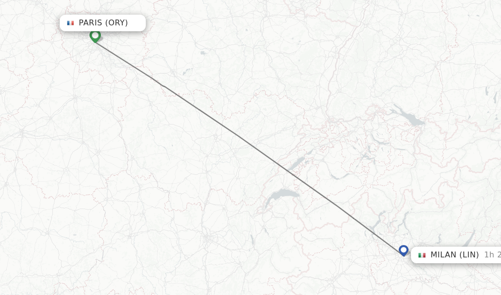 Flights from Paris to Milan route map