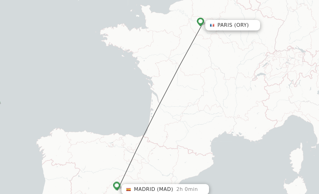 Flights from Paris to Madrid route map