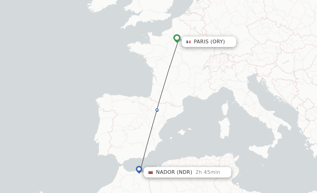 Flights from Paris to Nador route map